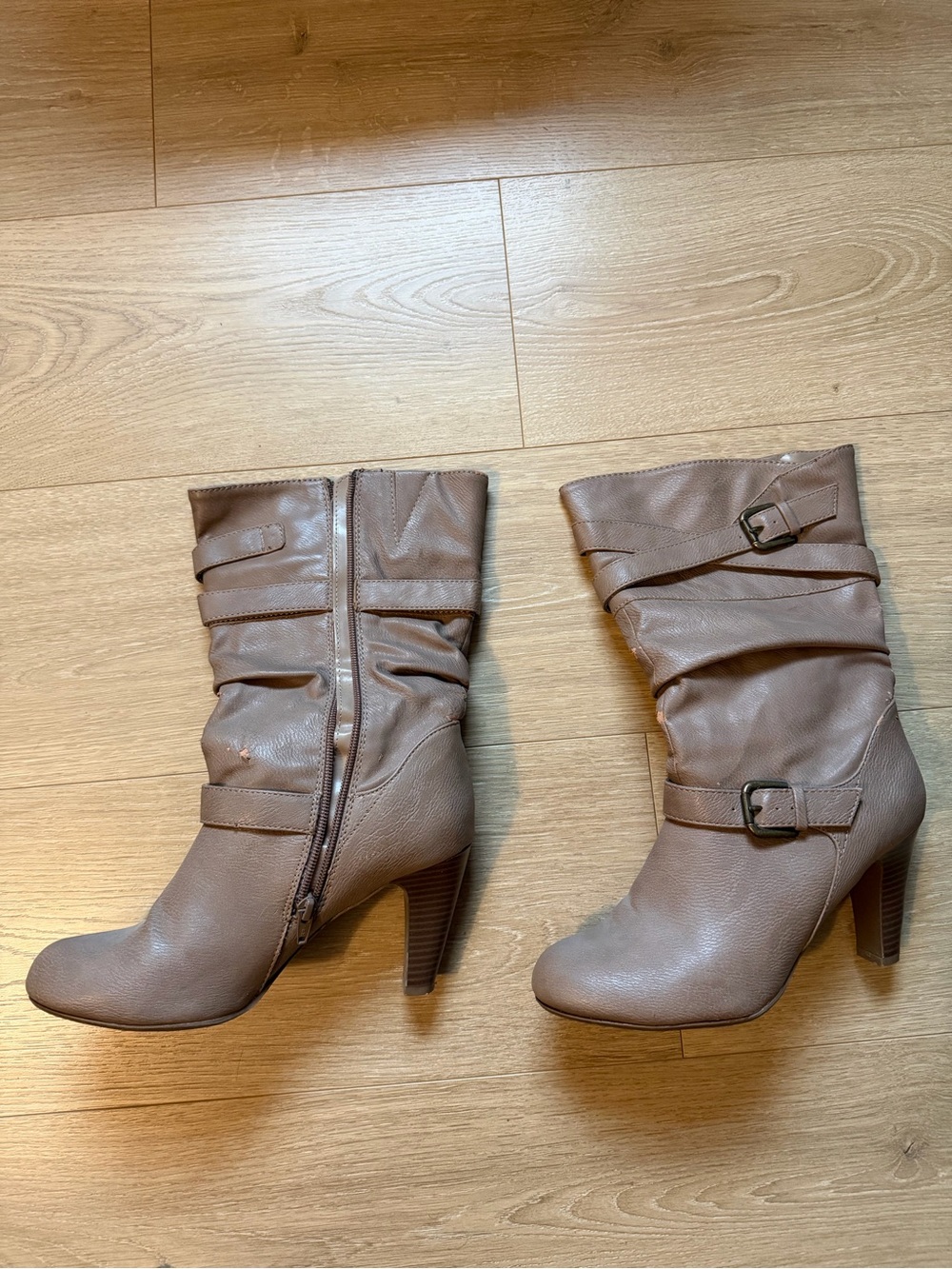 Women’s Taupe Slouchy Mid-Calf Heeled Boots with Buckle Straps